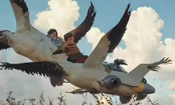 two people on a big bird model flying