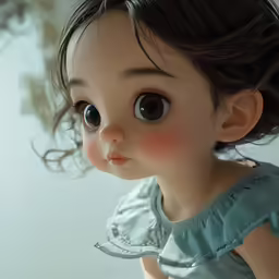 a dolls head with a pretty little dress