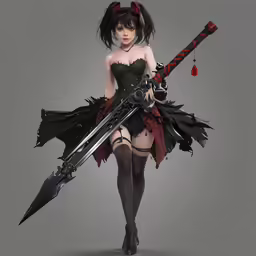 a woman is holding a giant knife and wearing a black dress