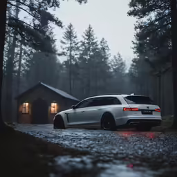 the white suv is parked outside of a wooden cabin