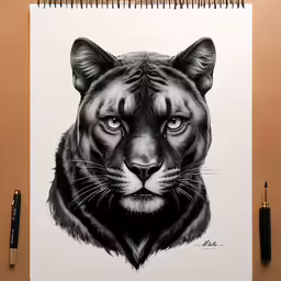 a tiger is shown on a paper next to some pens
