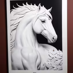 a white horse on a black and white background