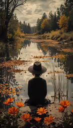 a person with a hat sits on rocks in front of a river