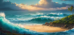 a painting with an ocean view on the shore,there are many wave on the beach and a person walking in it