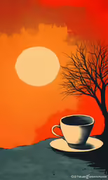 a white coffee cup with a tree in the background