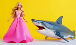 barbie and shark toy with one doll in a pink dress