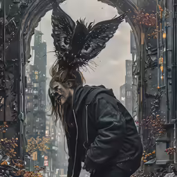 a man with long hair and feathers on his head in front of a window