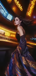 a model in a blue and purple dress stands by a neon sign
