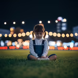 a little girl sitting on the ground with her hands clasped to her knees