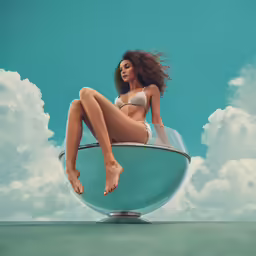 a female in a bikini and thong sitting on a chair
