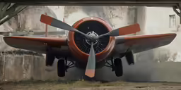 an old propeller plane parked in the air