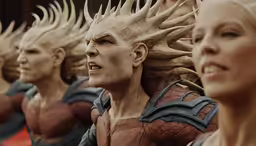 an elaborate head piece is displayed with multiple other head pieces
