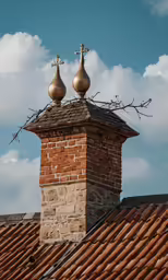 two pointed crosses atop a chimney on a house