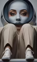 the woman has white makeup and is in a space suit