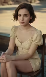 a girl is posing in her dress while sitting