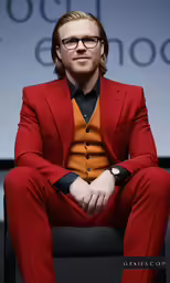 a man wearing a red suit and black shirt sitting down