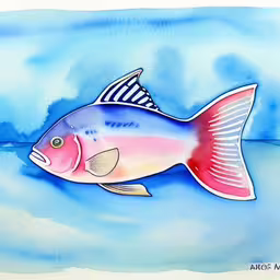 a colorful fish in blue water with white and red stripes,a blue fish is floating on a water with clouds,a colorful fish on a blue watercolor background,a pink fish swimming on top of blue water,a colorful fish swimming on the ocean water