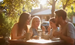 a group of people eating in a park next to some trees
