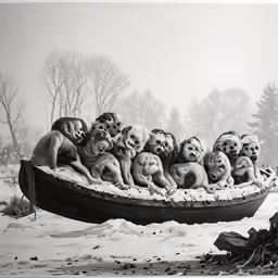 a black and white photo with a group of people on a boat full of boys