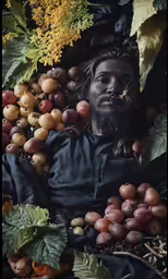 a man sitting under some fruit with his nose close to the camera