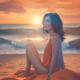 a woman sitting on the beach during sunset