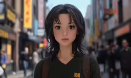 a young woman with long black hair and backpack in the city