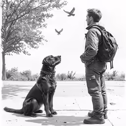 a man standing next to a dog on a sidewalk