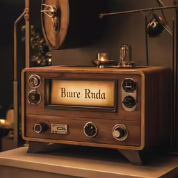 an old radio with a sign that reads pure ruda on it