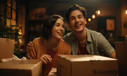a man sitting next to a woman in front of boxes