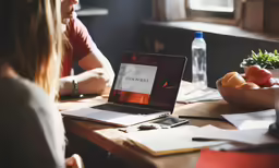 a man and a woman sitting at a table looking at a laptop