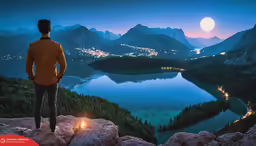 a man looking at a night view over a lake with mountain ranges and lights