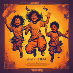 some children jumping up into the air in front of an orange and yellow background,three little children jump together to catch the frisbee