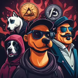 the three main characters, one in glasses and a moustache, standing together