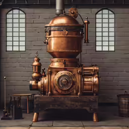 an industrial style steam engine that is in front of a window