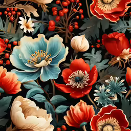 a lot of flowers and branches with blue, orange, red, white, and yellow flowers