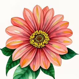 an orange flower with green leaves in the middle,an illustration of a large flower with green leaves on top of it,the painting is colorfully painted with watercolors,an image of a painting of a large flower,a painting of a large flower with green leaves around it
