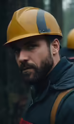 the man is wearing a yellow hard hat