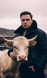 a young man in a black jacket is petting a cow
