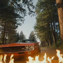 a red car is parked next to a fire