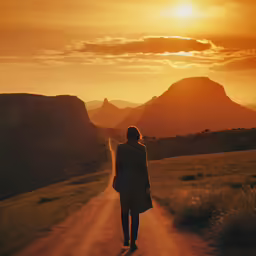 the woman is walking on the dirt road