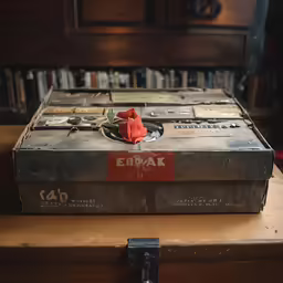 an old suitcase with a rose on it