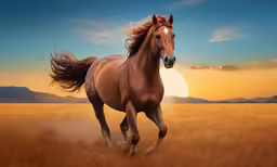 a horse running through the grass towards sunset