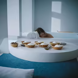 there is a girl that is asleep on a large counter