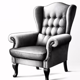 a chair with black upholstered arm rests in front of a white background