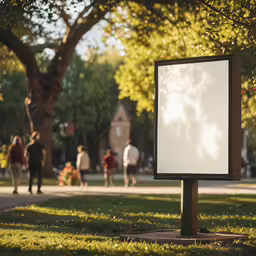 a public park with a sign, trees and people walking on it