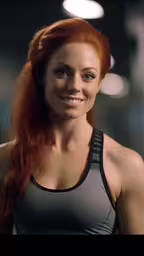 woman with long red hair and smile standing next to wall,an attractive woman with red hair posing for a photo