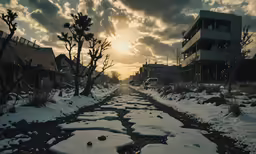 snow covered sidewalk in front of an apartment complex