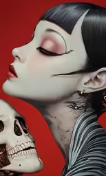 a woman with makeup and skeletons face to face