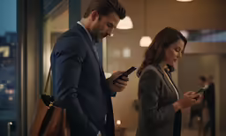 a woman and man standing in an office looking at their phones