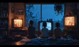 some little kids watching two tvs and candles